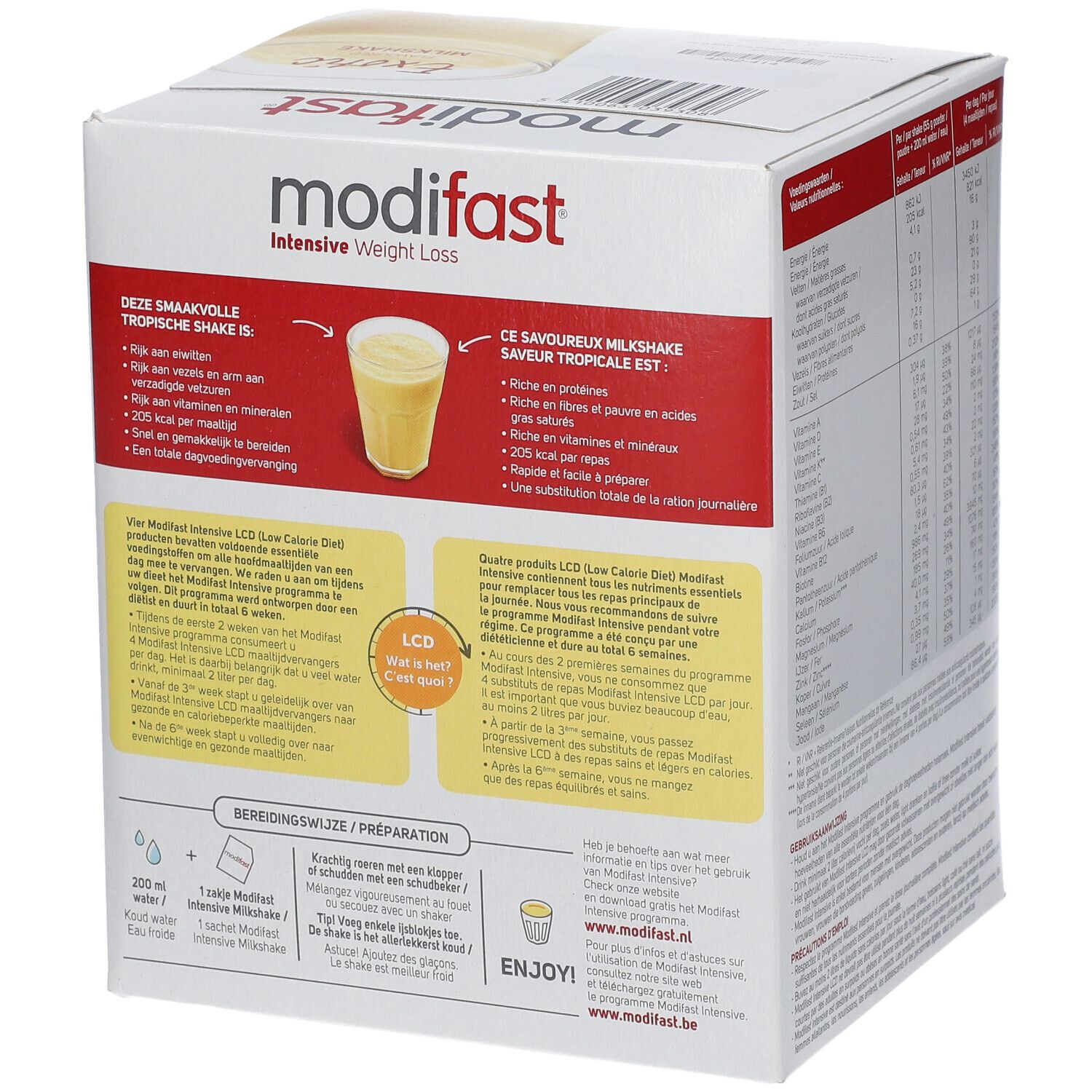 Côté de la boîte Modifast Intensive Milkshake Exotic. Contient des instructions de préparation et des informations.