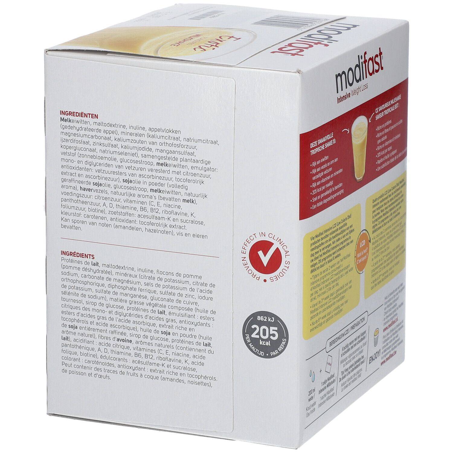 Côté de la boîte Modifast Intensive Milkshake Exotic. Contient ingrédients et informations nutritionnelles.