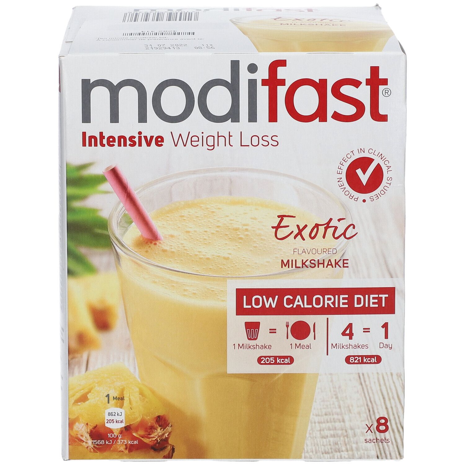 Boîte Modifast Intensive Milkshake Exotic. Visuel : verre de milkshake, paille, 8 sachets, Low Calorie Diet.