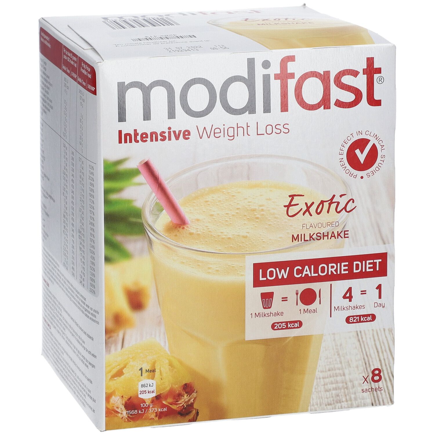 Boîte Modifast Intensive Milkshake Exotic. Visuel : verre de milkshake, paille, 8 sachets, Low Calorie Diet.