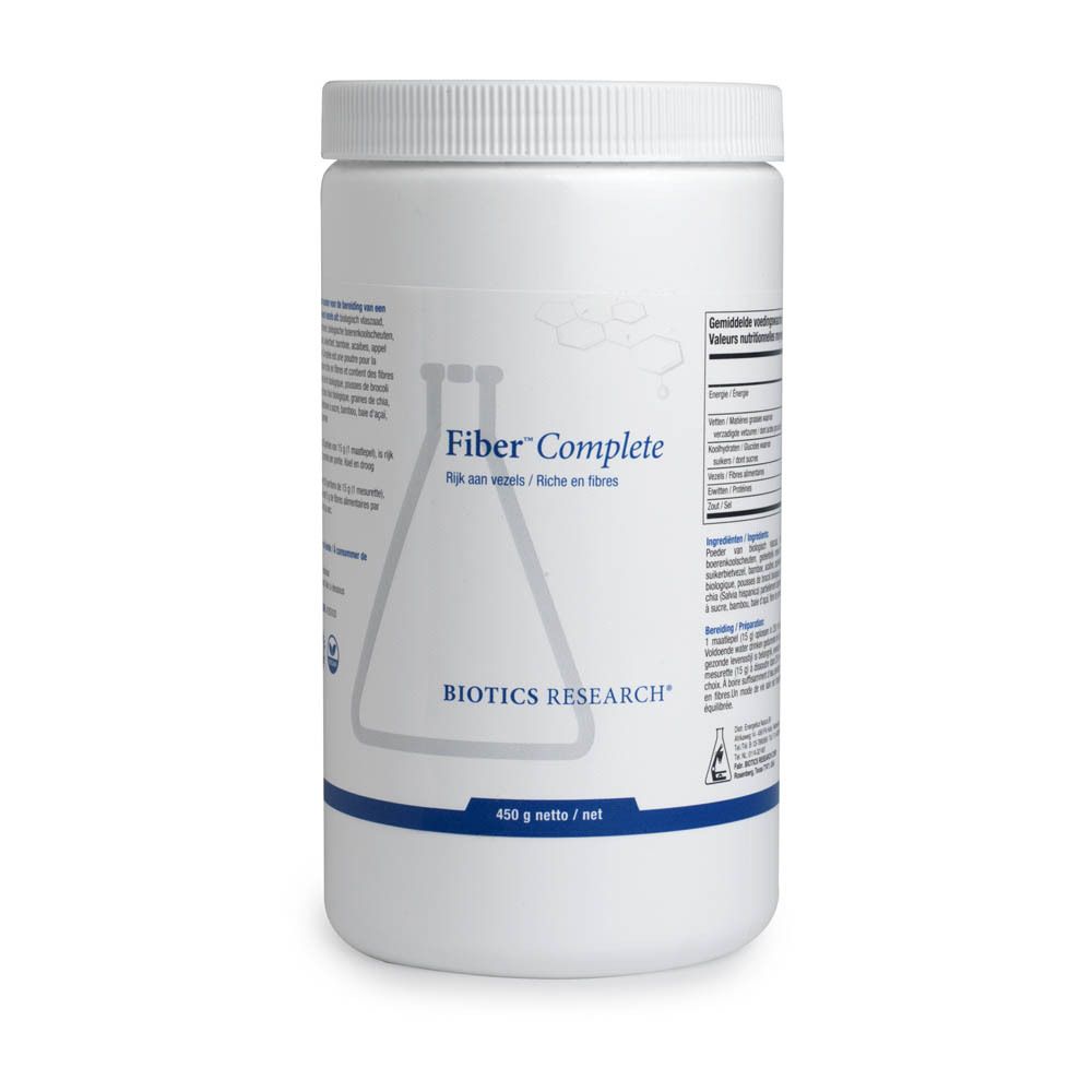 Witte pot met deksel. Opschrift: Fiber Complete, Biotics Research. 450 g netto. Tekst in het Nederlands en Frans.