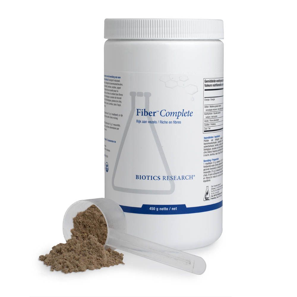 Boîte blanche avec couvercle. Inscription: Fiber Complete, Biotics Research. 450 g net. Texte en néerlandais et français.