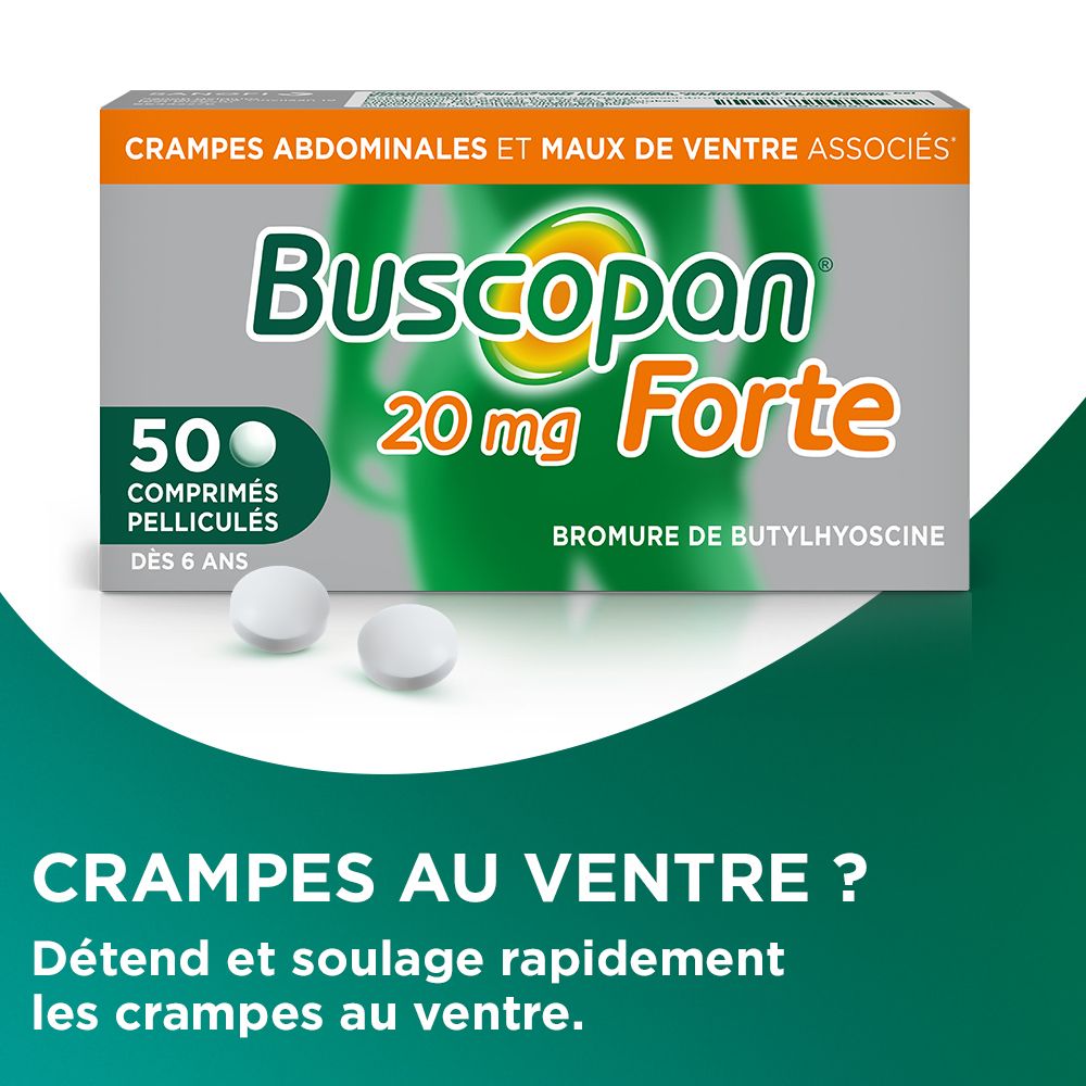 Deux comprimés de Buscopan Forte 20 mg. Comprimés blancs sur fond vert.