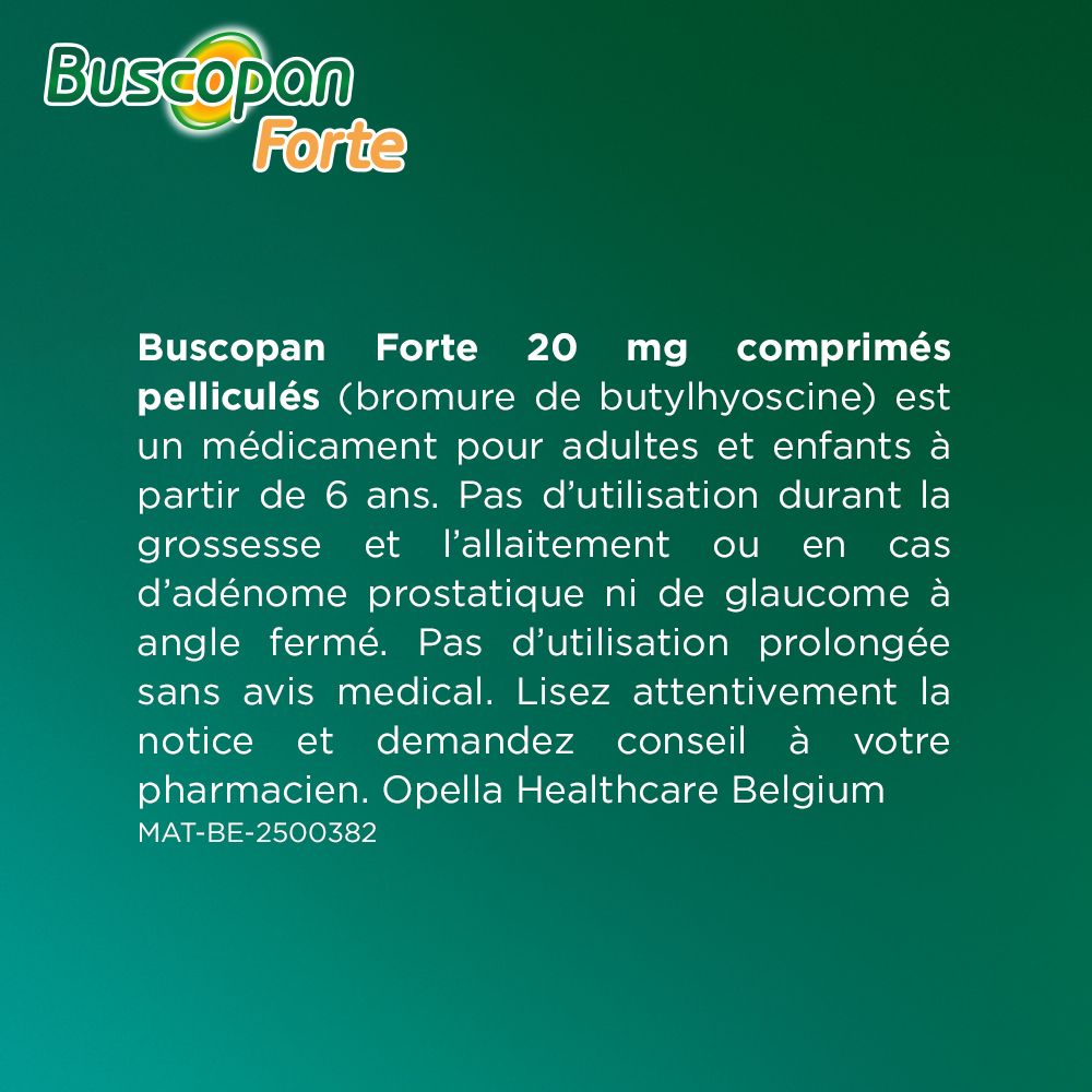 Boîte de Buscopan Forte 20 mg. 50 comprimés. Emballage avec texte.
