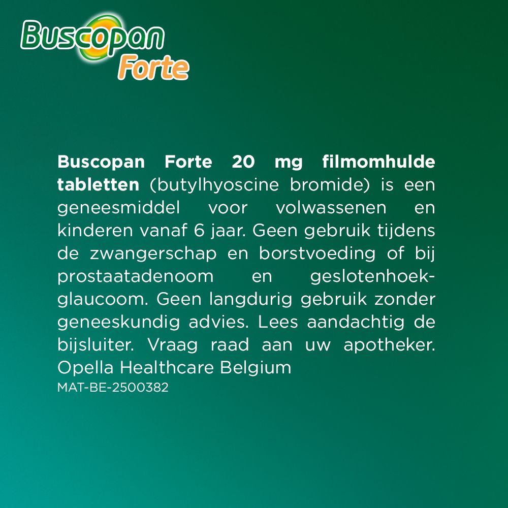 Tekst: informatie over Buscopan Forte 20 mg tabletten. Gebruiksadvies.