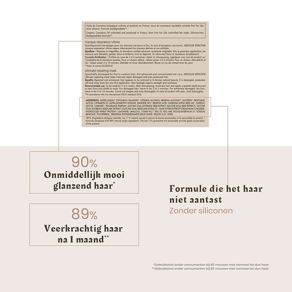 Textuurstaal van een haarbehandeling met beschrijving 'Ultra-herstellende textuur' en 'Verslavend parfum'.