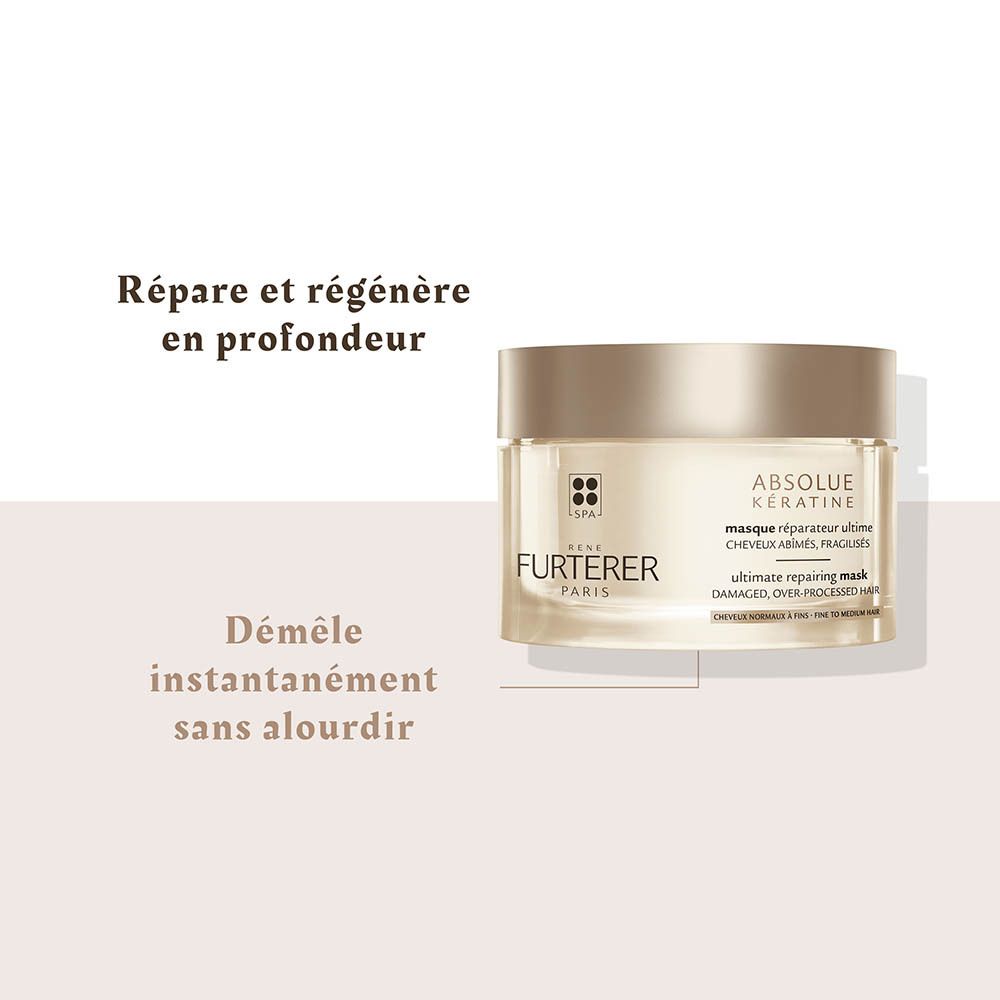 Masque réparateur Rene Furterer Absolu Kératine dans un pot doré.