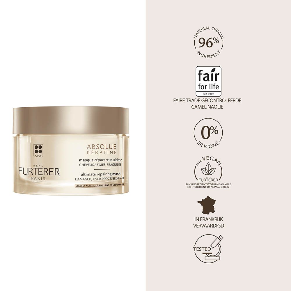 Furterer Absolue Kératine herstellend haarmasker in gouden pot. Certificaten: 96% natuurlijke ingrediënten, Fair for Life, 0% siliconen, Vegan.