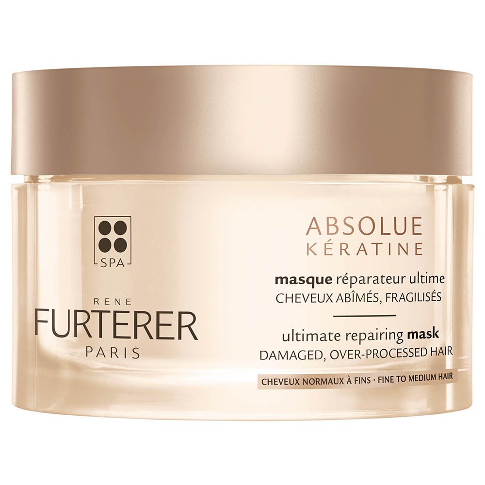 Masque Absolue Kératine Rene Furterer dans un pot rond en verre avec un couvercle doré.
