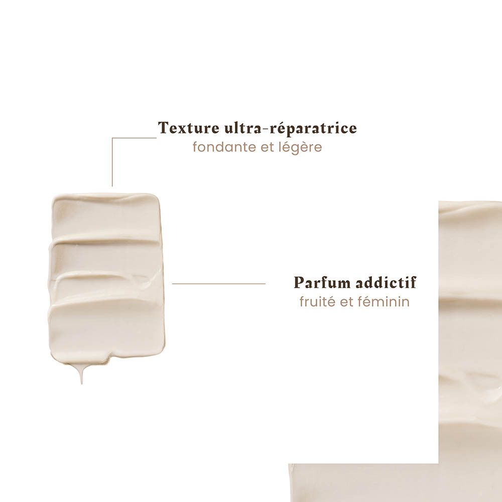 Texture crémeuse avec parfum fruité, appliquée sur la peau.