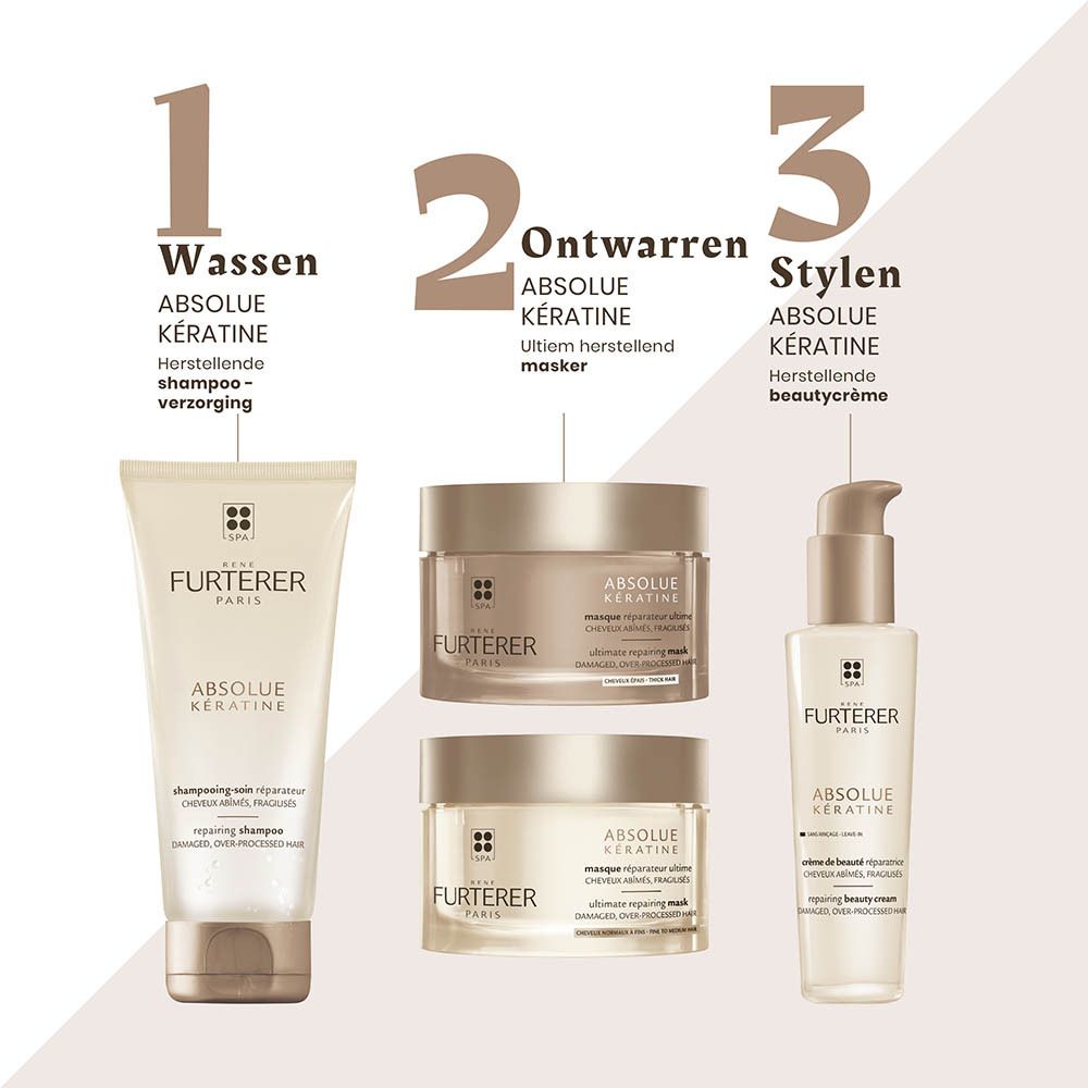 Drie René Furterer Absolue Kératine producten: shampoo, haarmasker en haarcrème.