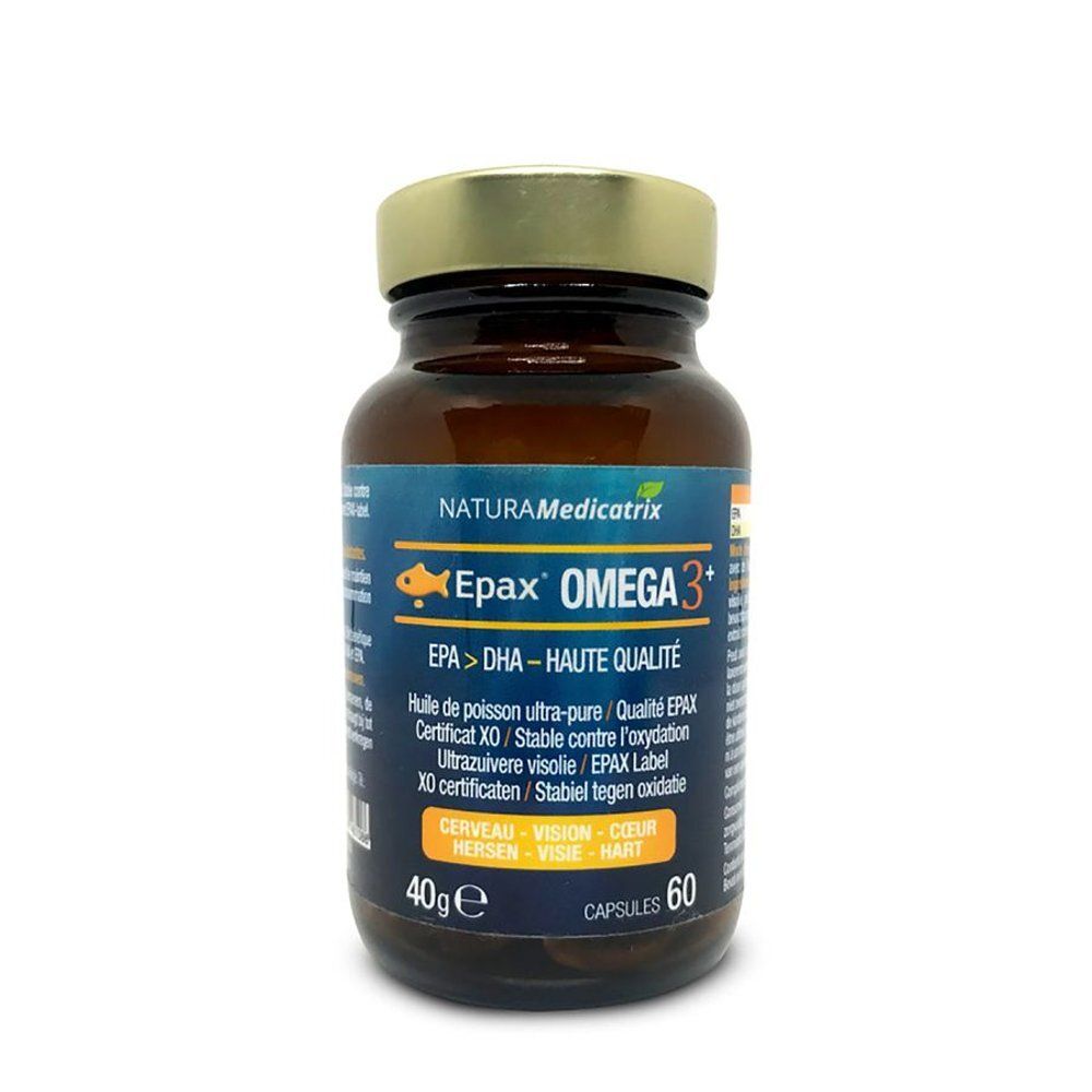 Bruine glazen fles met capsules. Label Epax Omega 3+. 60 capsules, 40g. Naturamedicatrix.