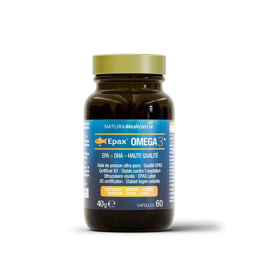 Bruine glazen fles met capsules. Label Epax Omega 3+. 60 capsules, 40g. Naturamedicatrix.