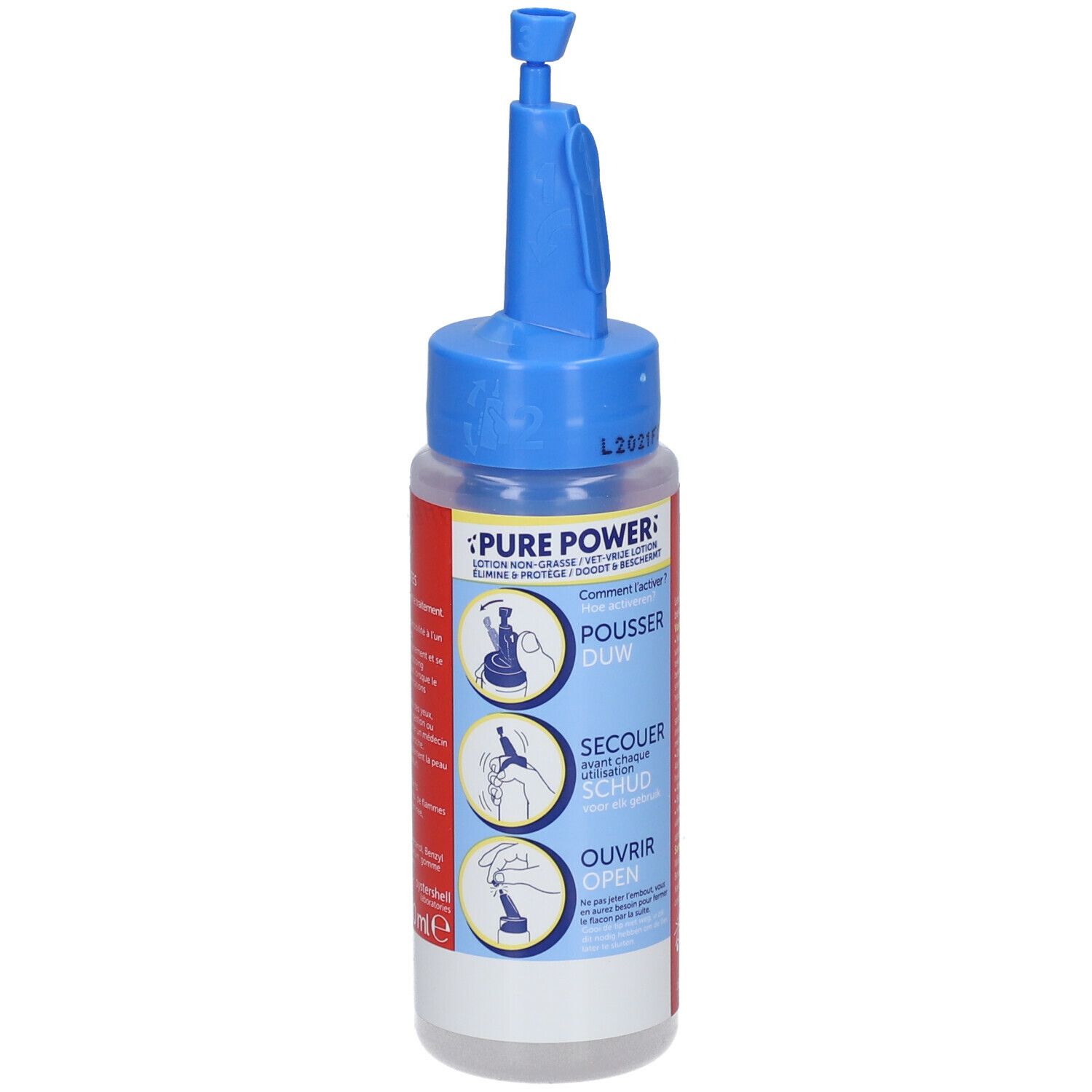 Flacon avec applicateur bleu. Inscription PURE POWER. Instructions en français. Étiquettes rouges et blanches.