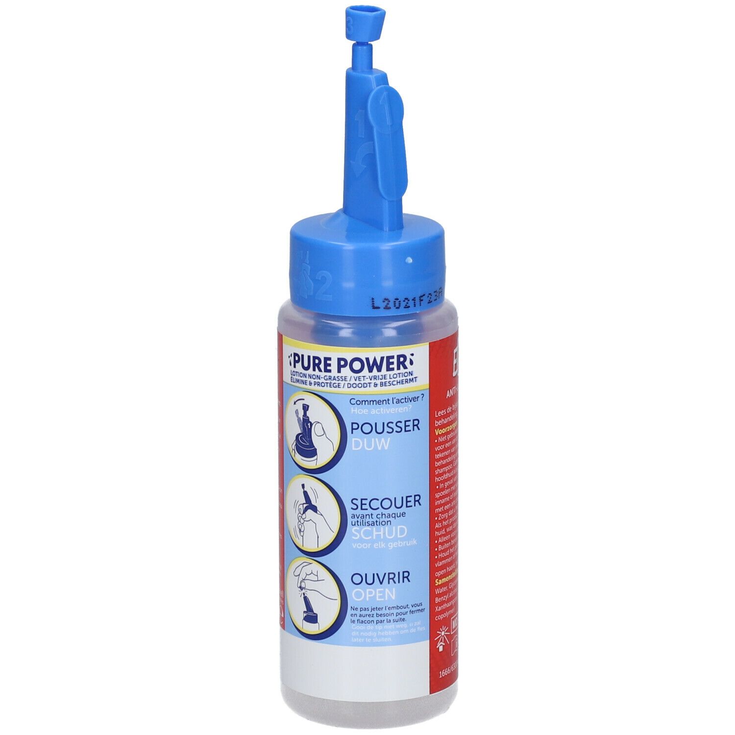 Flacon avec applicateur bleu. Inscription PURE POWER. Instructions en français. Étiquettes rouges et blanches.