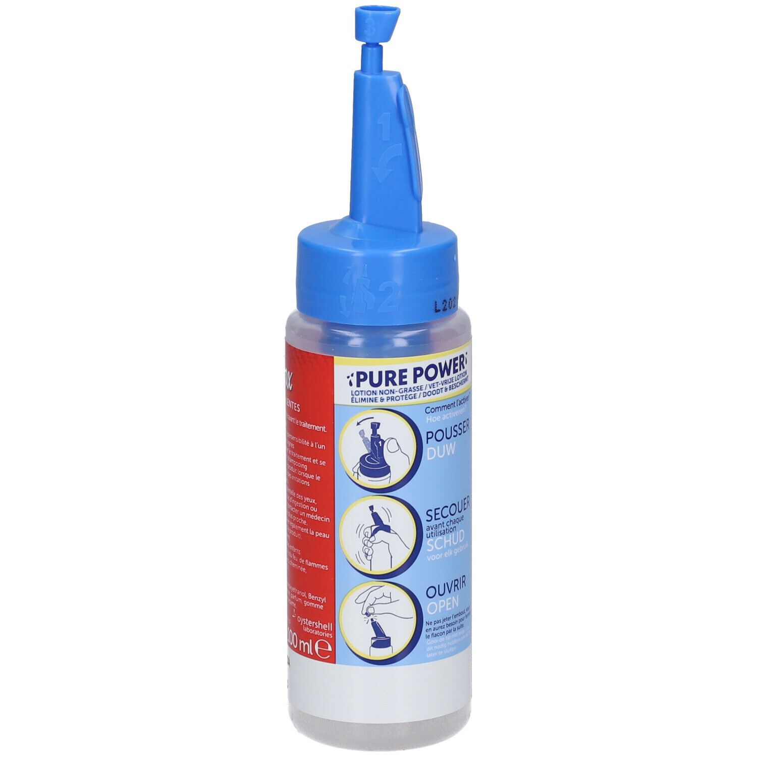 Flacon avec applicateur bleu. Inscription PURE POWER. Instructions en français. Étiquettes rouges et blanches.