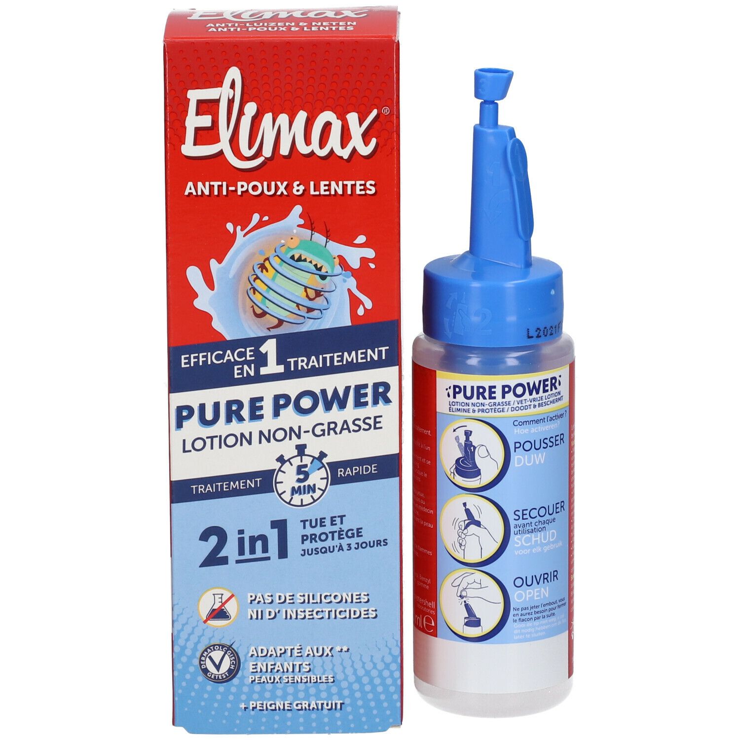 Boîte et flacon. Inscription Elimax Anti-Poux & Lentes. Pure Power Lotion Non Grasse. 2 en 1. Avec peigne.
