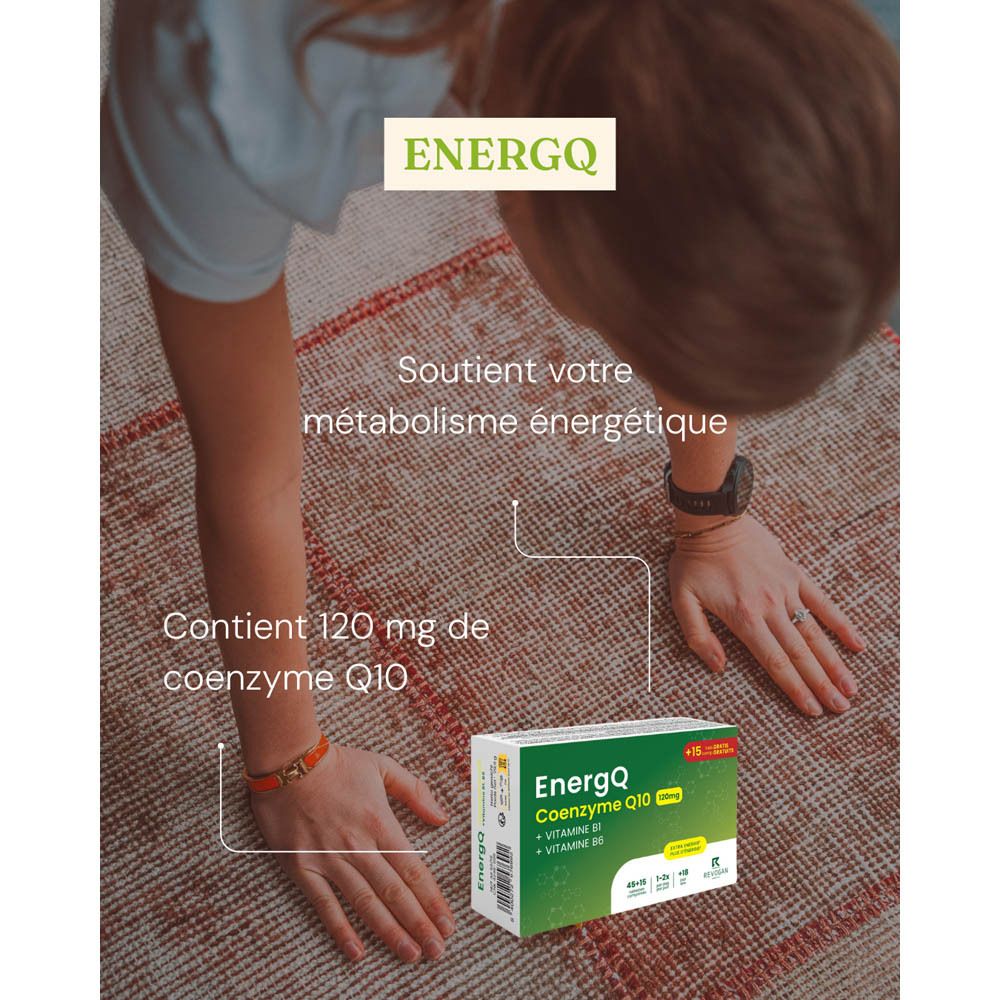 Personne avec boîte EnergQ. Texte: Soutient votre métabolisme énergétique. Contient 120 mg coenzyme Q10.