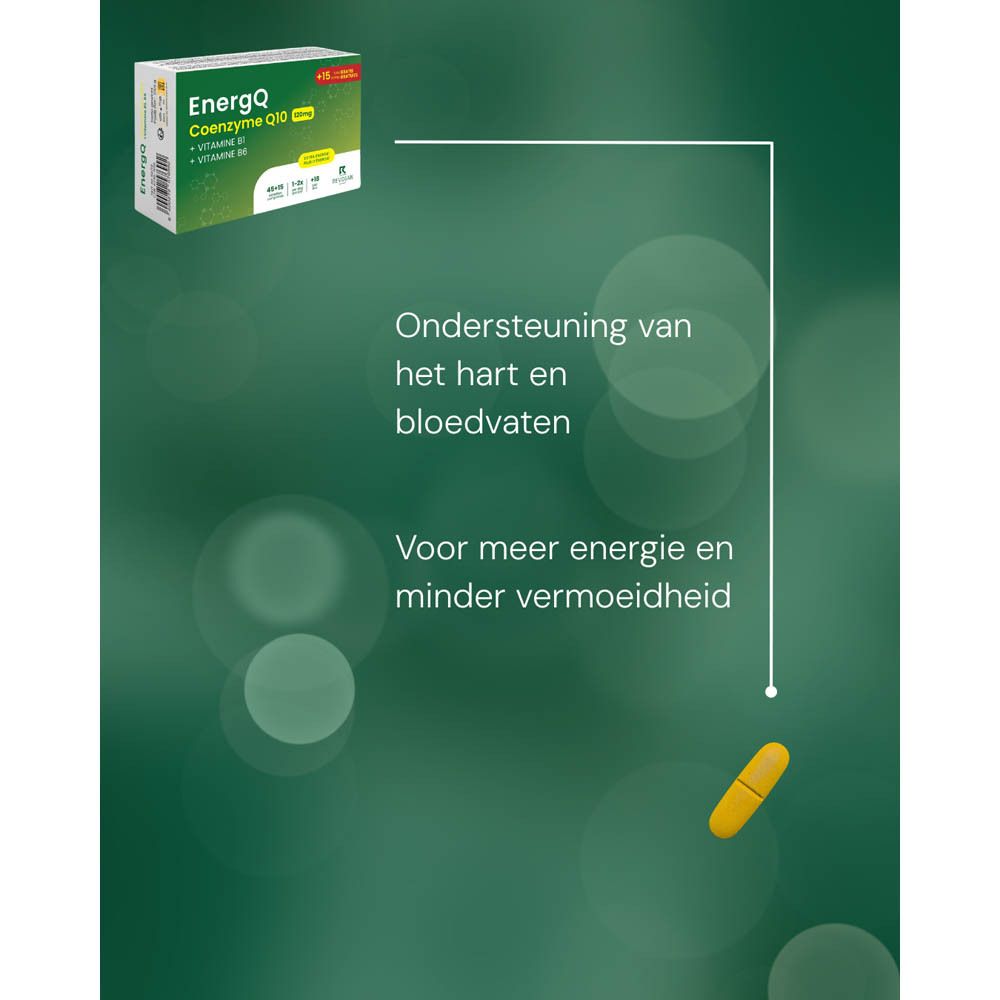 Afbeelding met gele tablet. Tekst: Ondersteuning van het hart en bloedvaten. Voor meer energie en minder vermoeidheid.