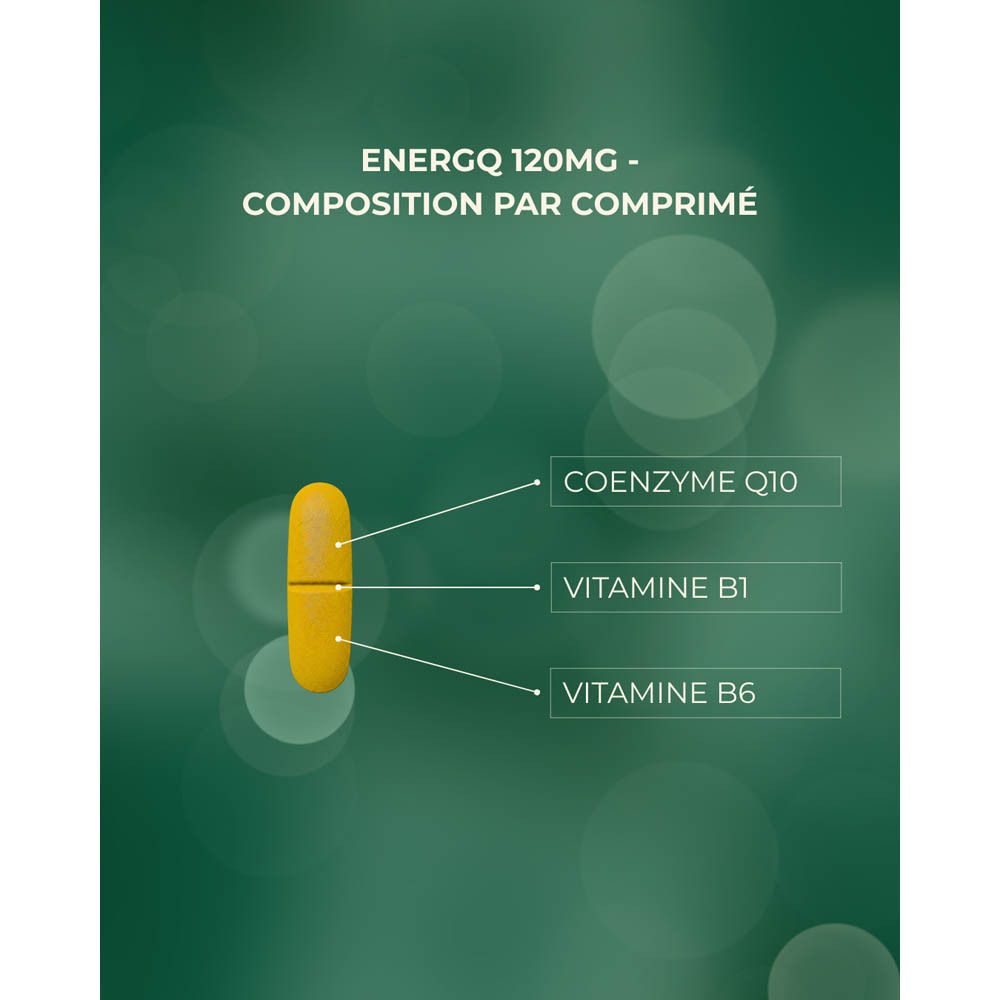 Graphique avec comprimé jaune. Texte: EnergQ 120mg - Composition par comprimé. Coenzyme Q10, Vitamine B1, B6.