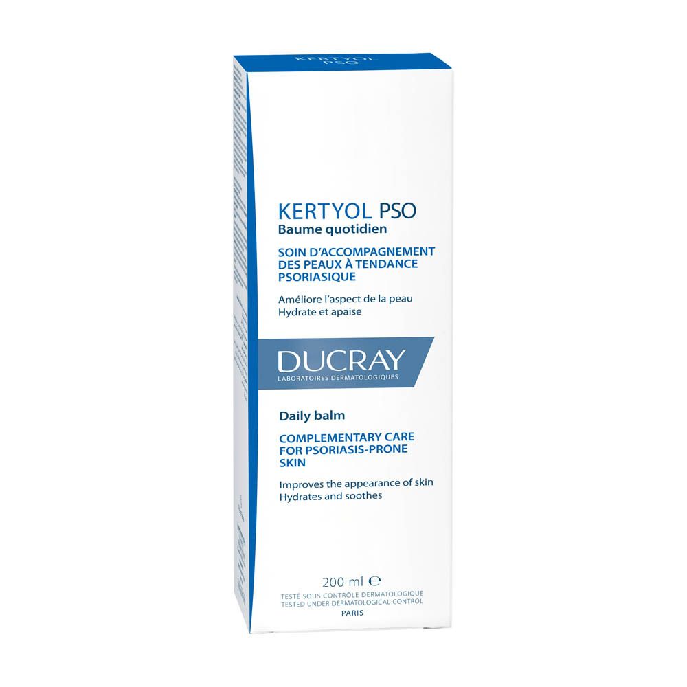 Productverpakking: tube en doos. Tekst: Kertyol PSO, Daily balm. 200 ml.