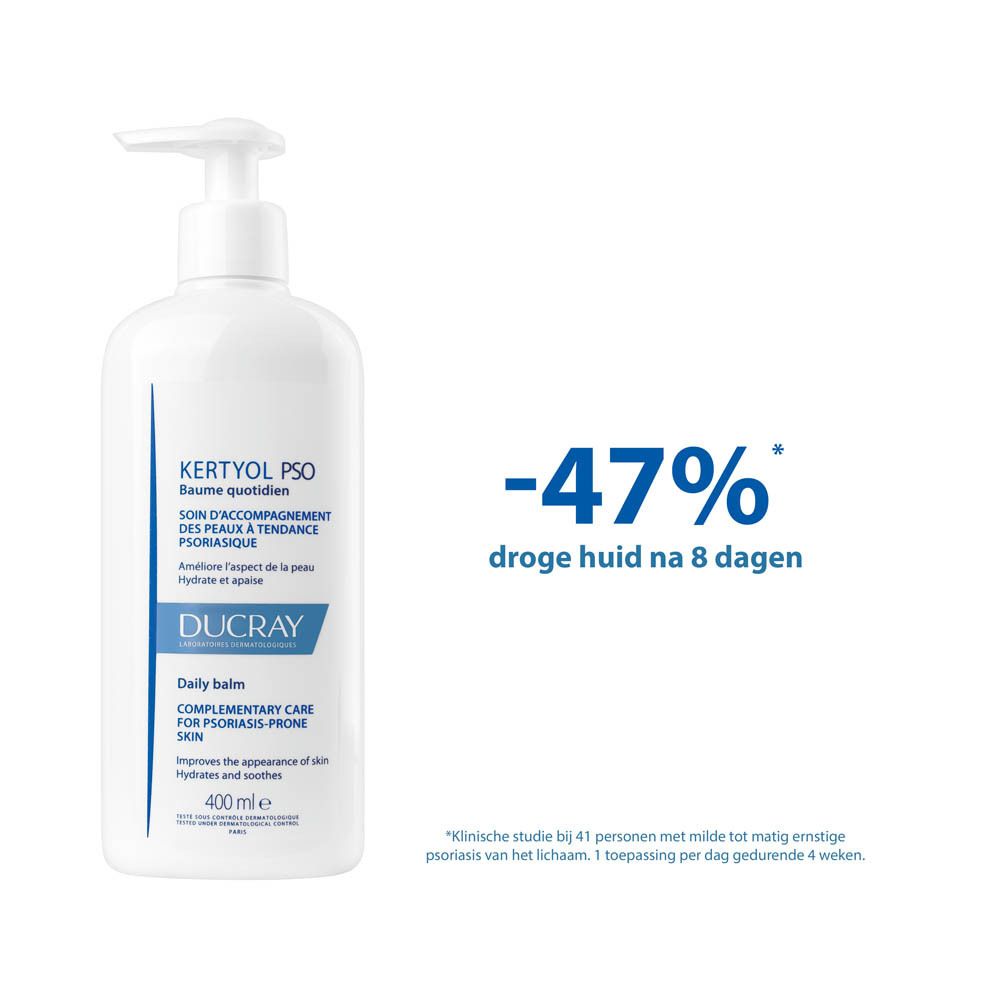 Witte fles met pomp. Tekst: Kertyol PSO, Daily balm. -47% droge huid.