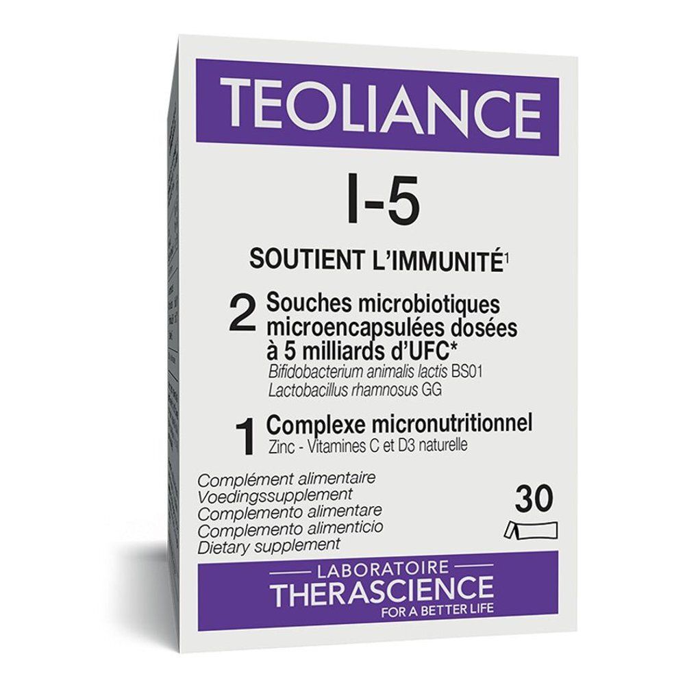 Boîte de Teoliance I-5. Blanche et violette. Contient 30 unités. Contient 2 souches microbiotiques et 1 complexe micronutritionnel.