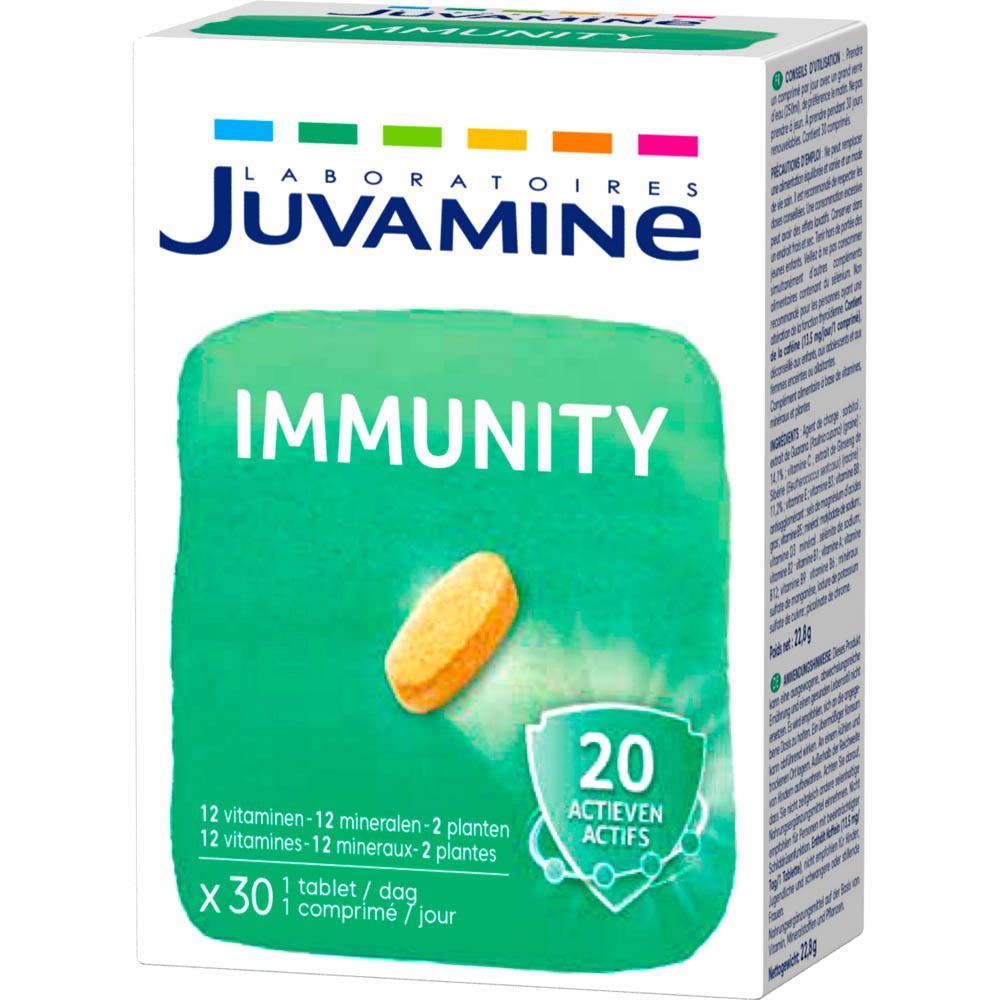Doos Juvamine Immunity. Bevat 30 tabletten. Opschrift: 12 vitaminen, 12 mineralen, 2 planten. 20 Actifs.