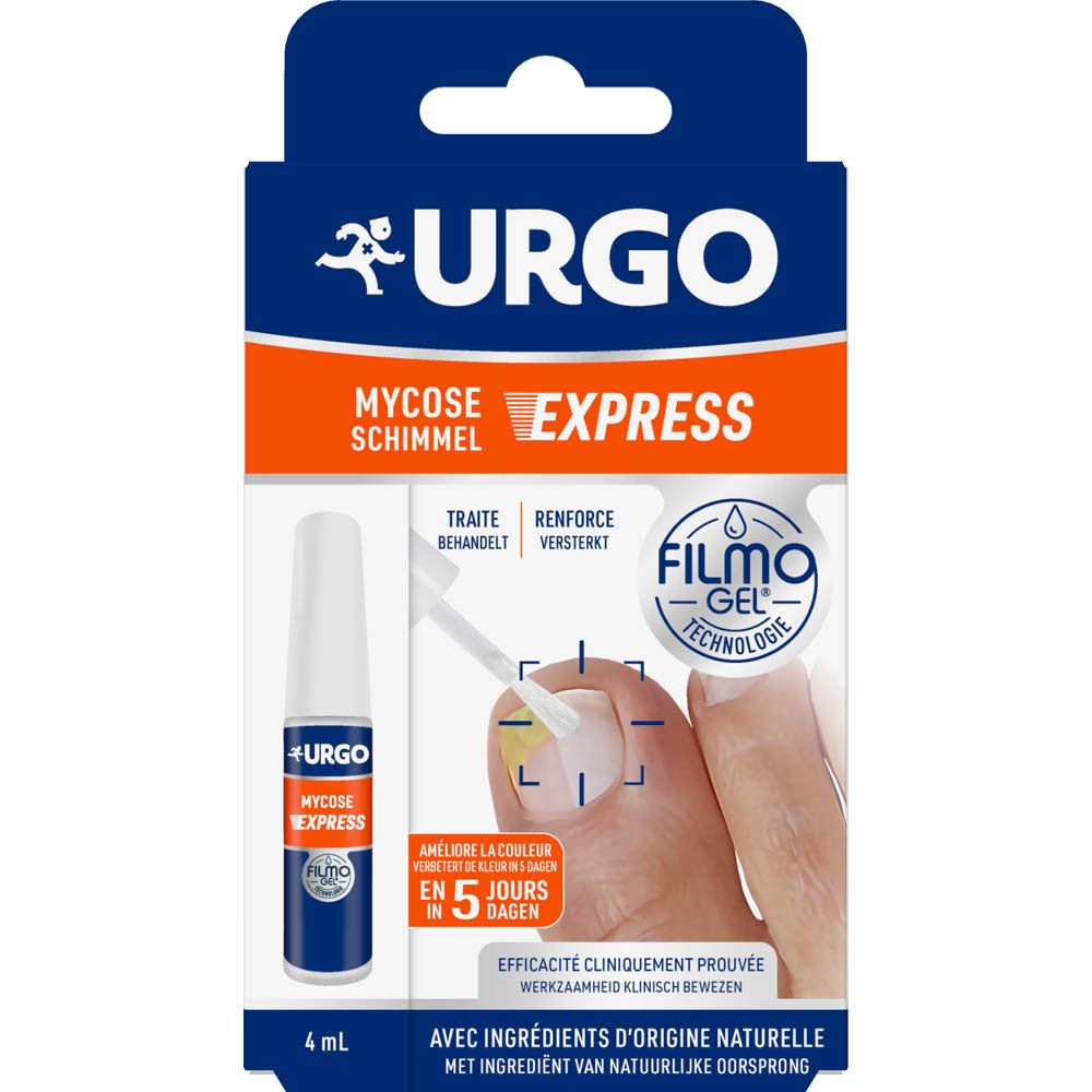 Boîte de URGO Filmogel® Mycose Express. Produit et applicateur visibles. Texte : « Schimmel Express » et « Filmogel ».