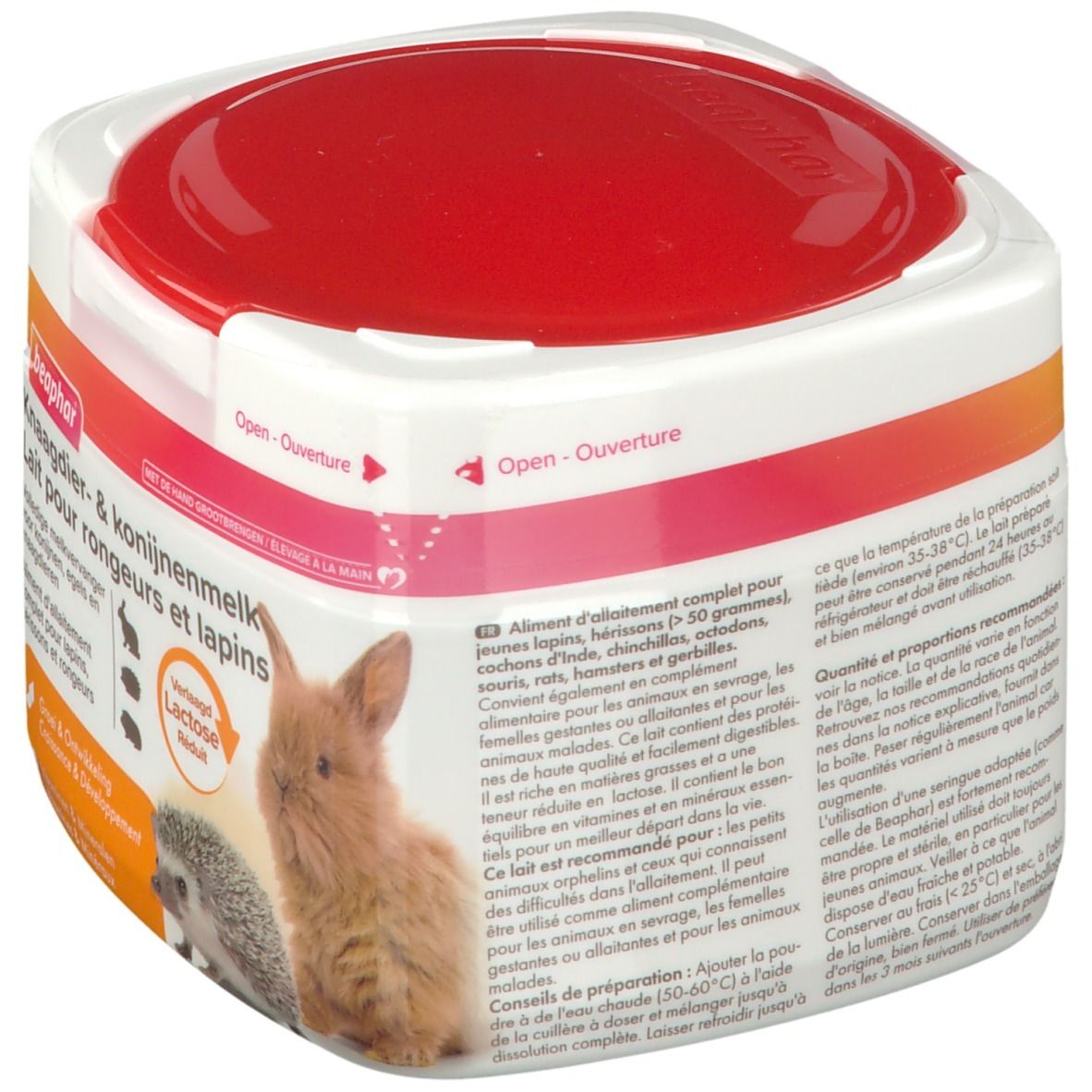 Witte doos met rode deksel van Beaphar Knaagdier- & konijnenmelk. Afbeelding met konijn en egel. Tekst.
