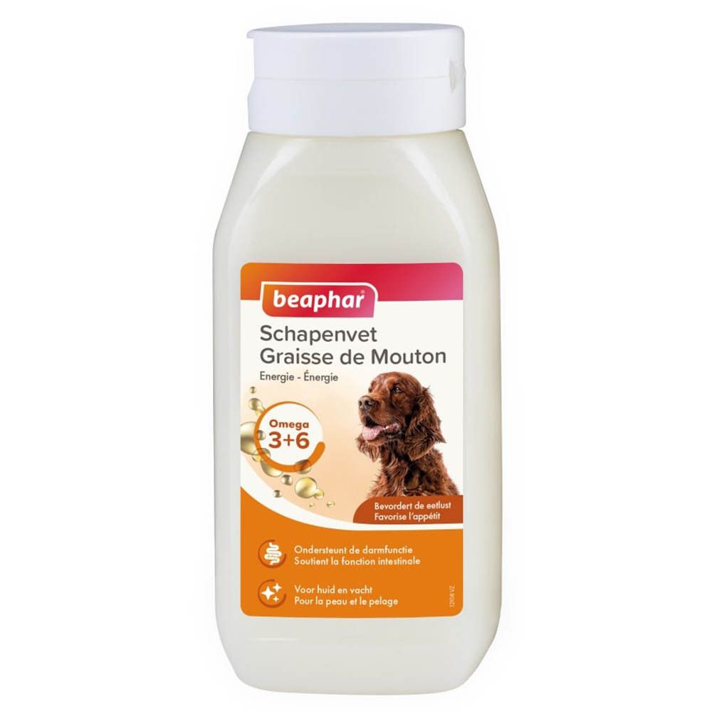 Beaphar Schapenvet Graisse de Mouton. Fles met witte dop. Etiket met productinfo, hond en Omega 3+6.