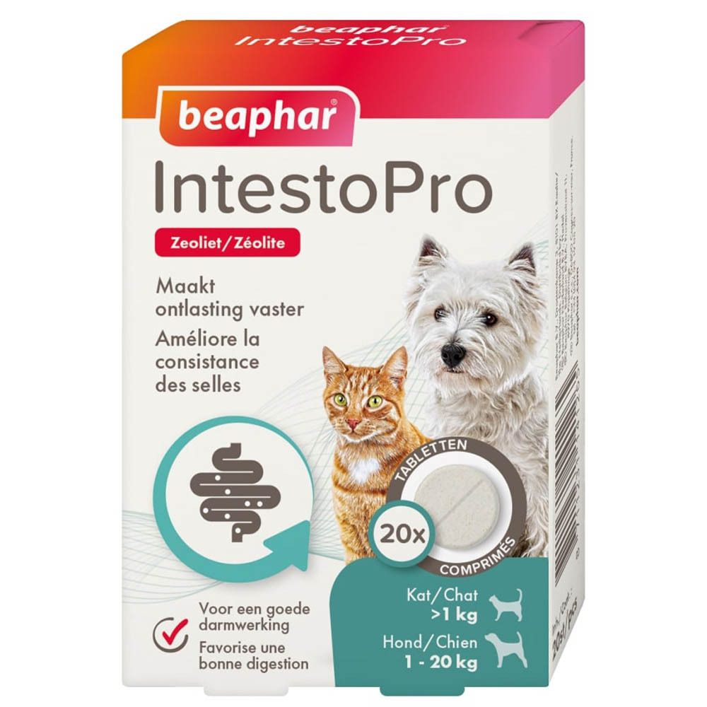 Beaphar IntestoPro verpakking. Kat en hond afbeelding. Bevat 20 tabletten. Tekst: 'Maakt ontlasting vaster'.