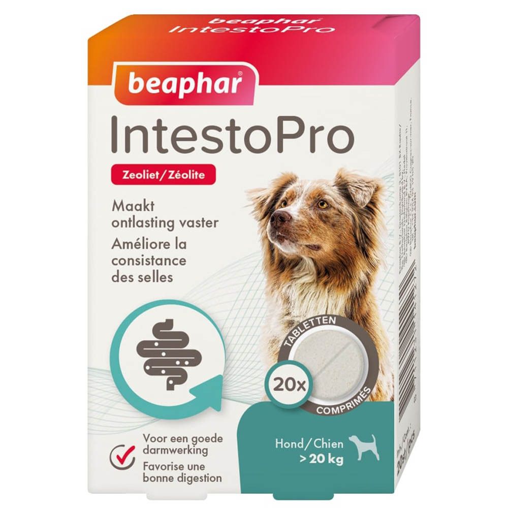 Verpakking Beaphar IntestoPro. Productnaam, logo en foto van een hond. Bevat tabletten.