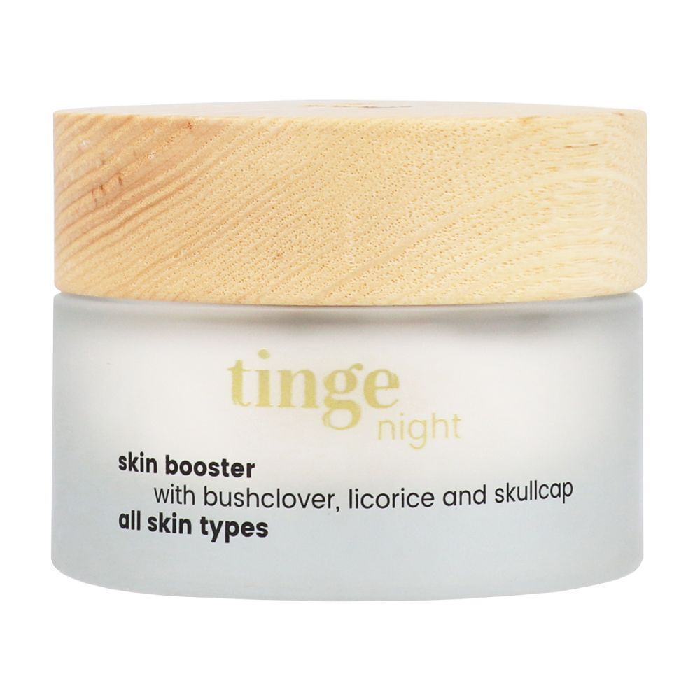 Crèmepot met houten deksel. Opschrift: skin booster, met bushclover, zoethout en skullcap, alle huidtypes.