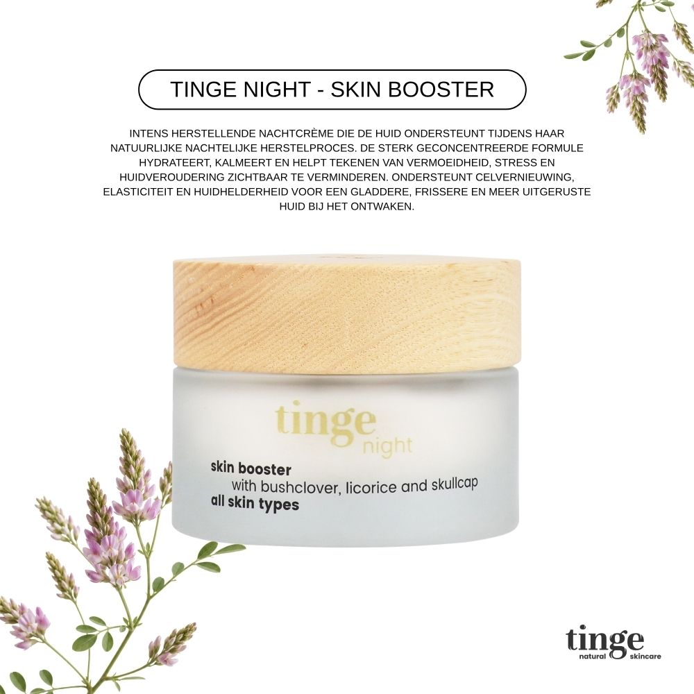 Tinge Nachtcreme Skin Booster met gedetailleerde beschrijving van de ingrediënten.