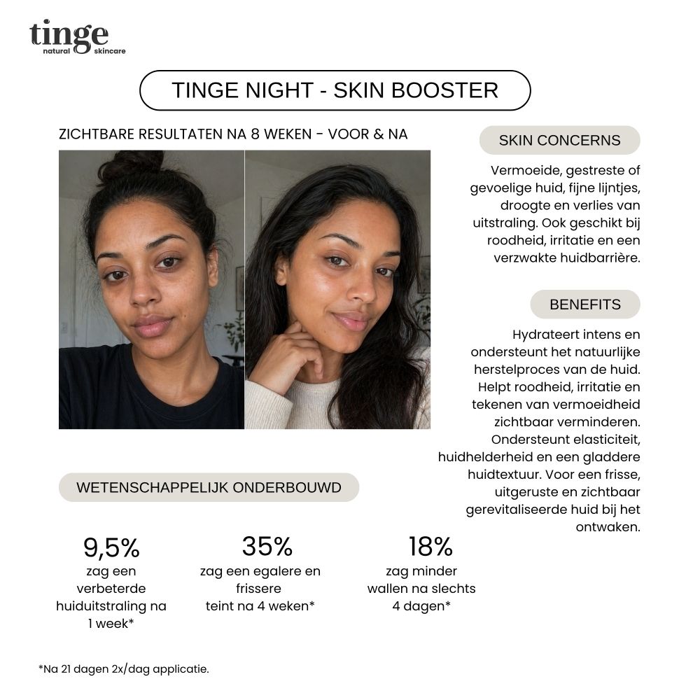 Tinge Nachtcreme Skin Booster met diverse keurmerken en certificeringen.