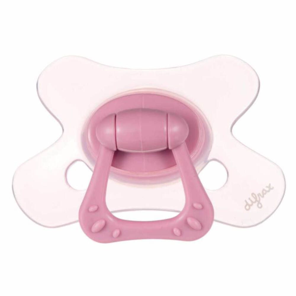 Roze fopspeen met witte schild. Handvat met uitsparingen. Merk difrax.