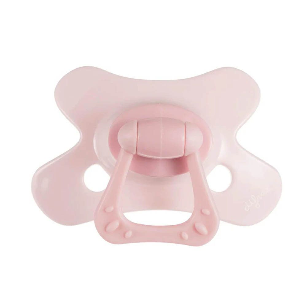 Roze fopspeen. Merk Difrax. Vorm met handvat. Voor baby's.