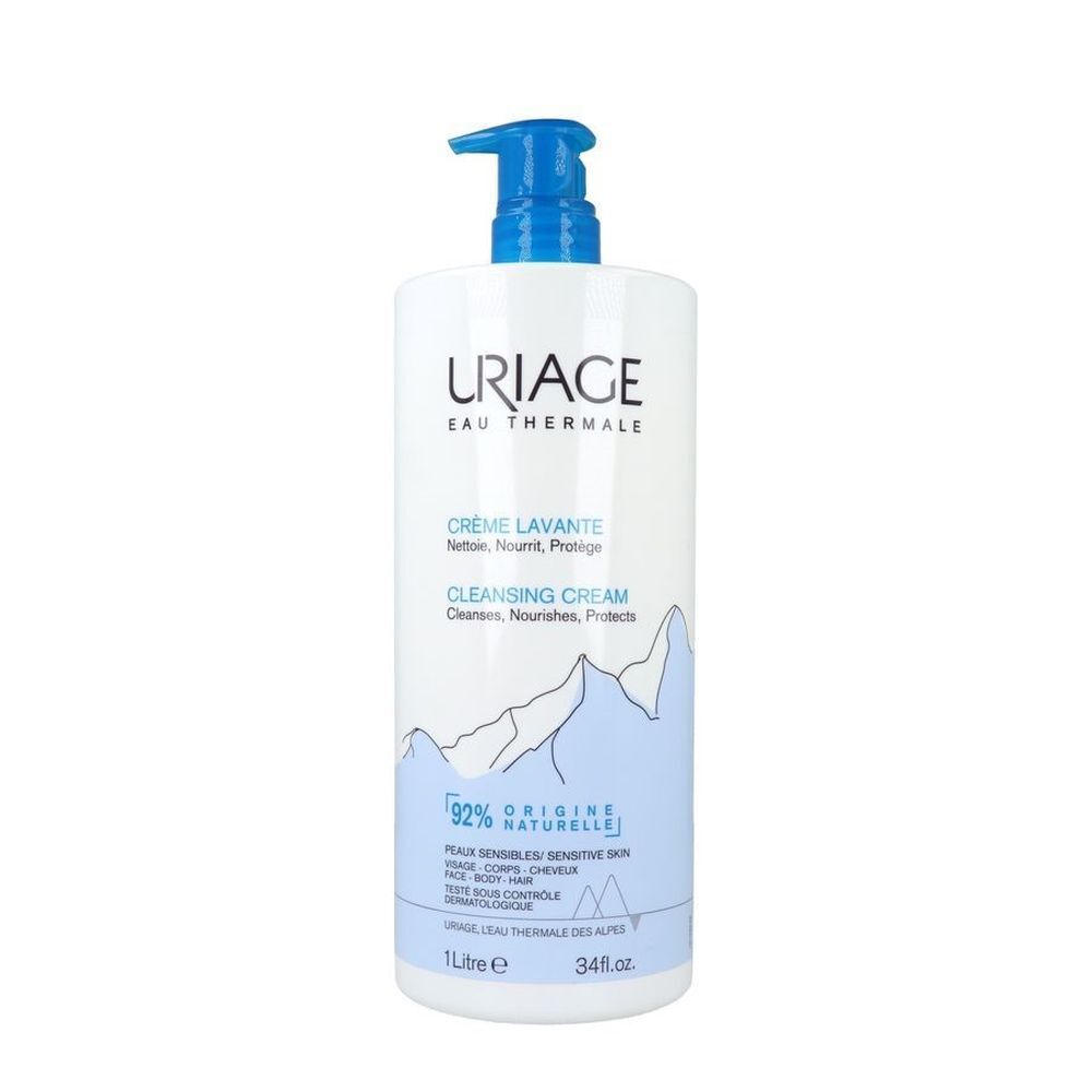Uriage douchecrème fles. Wit, met blauwe pomp. Tekst: Uriage, Crème Lavante, 92% natuurlijke ingrediënten.