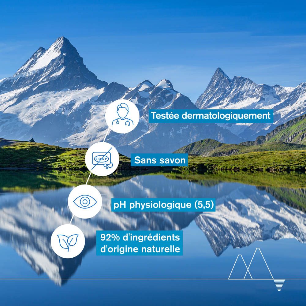 Paysage avec montagnes et texte. Texte: Testée dermatologiquement. Sans savon. pH physiologique (5,5). 92% d'ingrédients naturels.