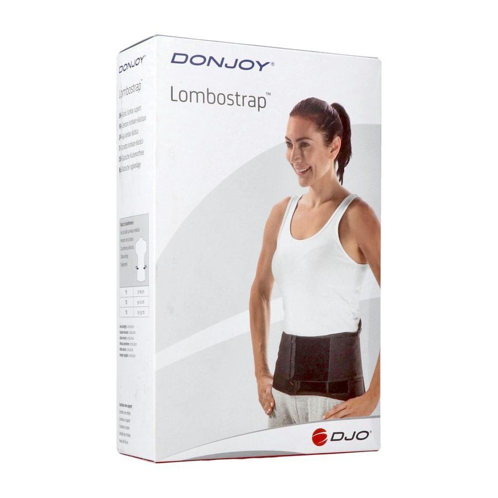 Verpakking met productafbeelding. Opschrift: DONJOY Lombostrap. Vrouw draagt zwarte rugsteunriem. DJO-logo.