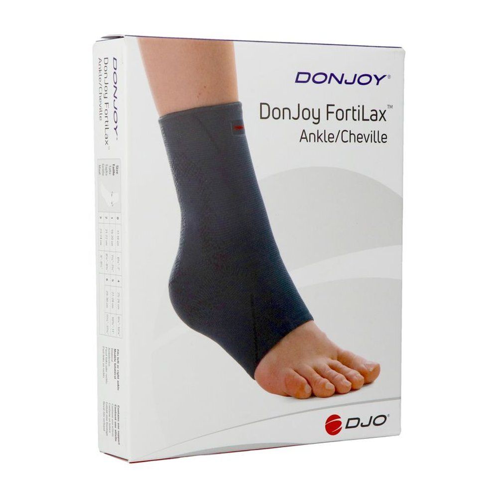 Attelle de cheville noire dans un emballage. Marque DonJoy FortiLax. Inscription : Ankle/Cheville. Logo DJO.