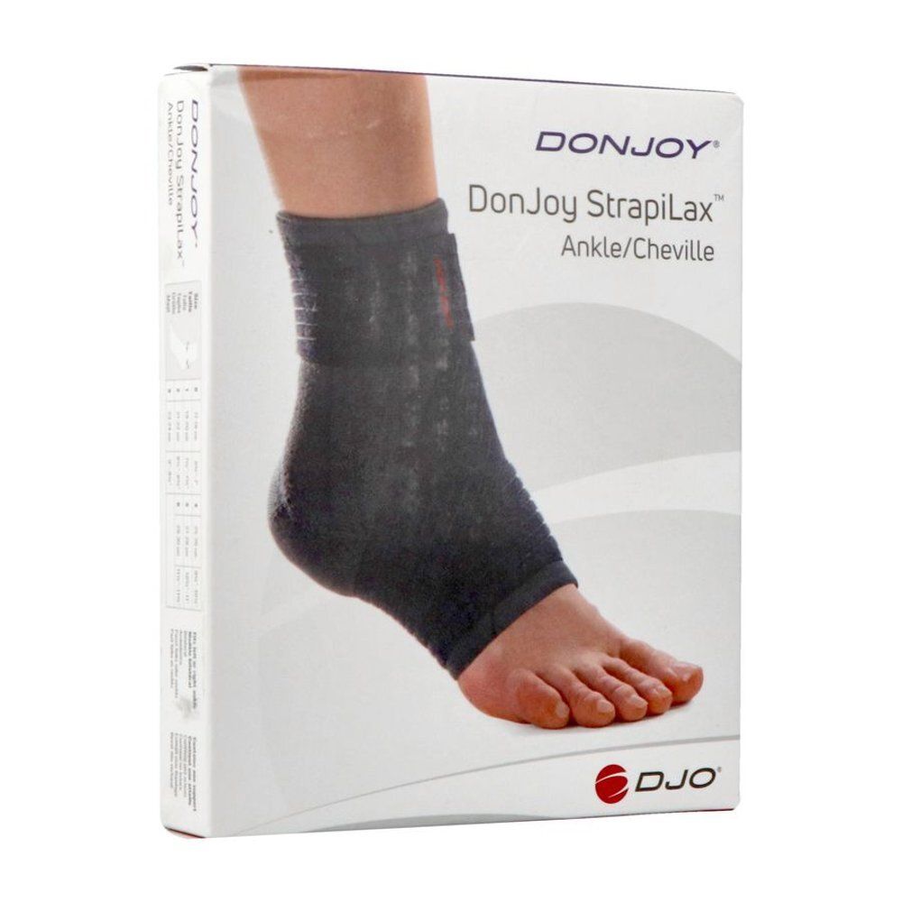 Emballage de l'attelle de cheville DonJoy Strapilax. Image du produit sur l'emballage. Texte: Ankle/Cheville.