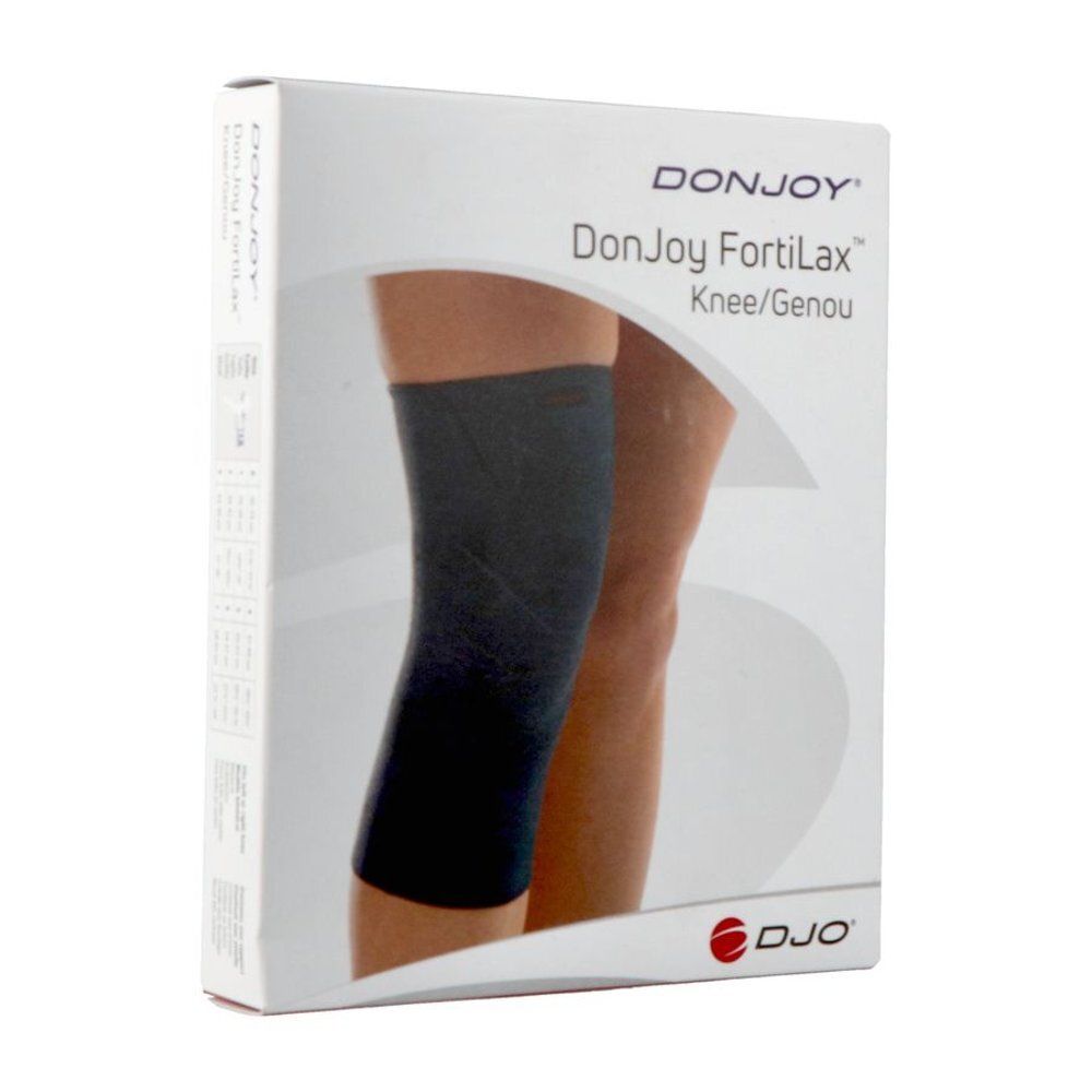 Verpakking van DonJoy FortiLax Knee/Genou. Het product is afgebeeld op de verpakking. Het DonJoy-logo is zichtbaar.