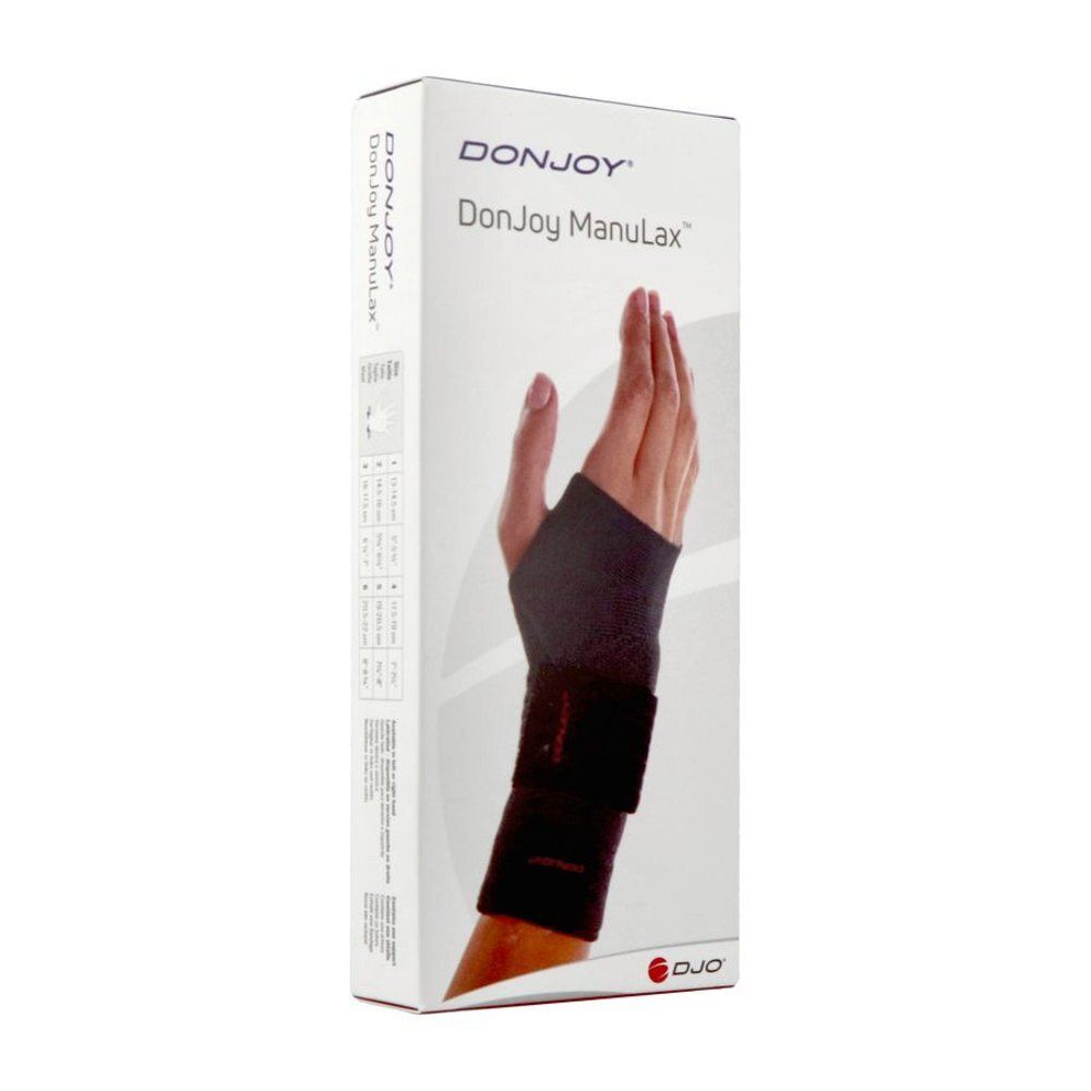 Verpakking met polsbrace. Merk DonJoy, model ManuLax. Zwarte polsbrace op handmodel afgebeeld.