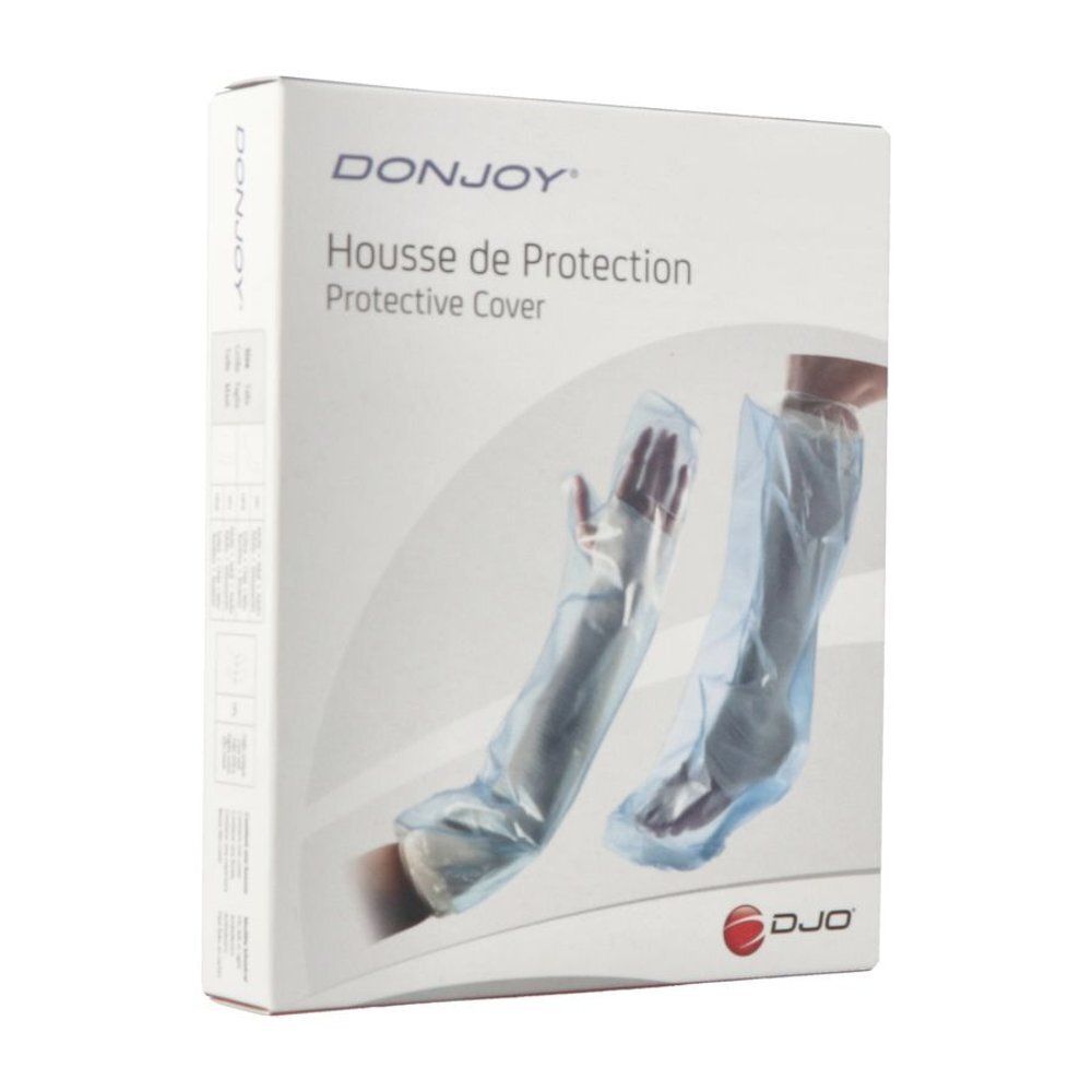 Verpakking met armbescherming. Merk DONJOY. Tekst: Housse de Protection, Protective Cover. Afgebeeld: twee armen in beschermhoezen.