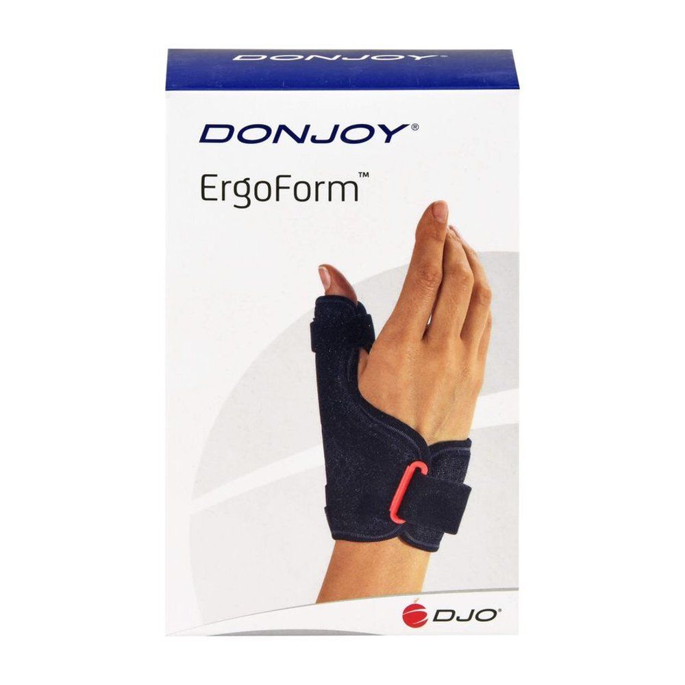 Zwarte duimbrace in verpakking. Merk DonJoy, model ErgoForm. Rode klittenbandsluiting. Handmodel.