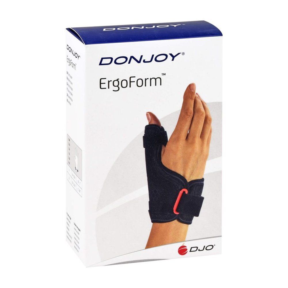 Orthèse de pouce noire dans son emballage. Marque DonJoy, modèle ErgoForm. Fermeture velcro rouge. Modèle de main.