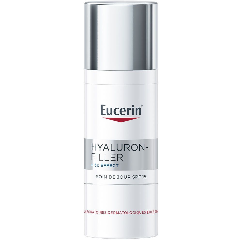 Eucerin HYALURON-FILLER + 3x EFFECT dagcrème. Witte fles met zilveren dop. Tekst.