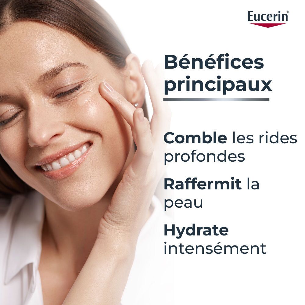 Vrouw raakt haar gezicht aan. Tekst: Bénéfices principaux. Eucerin logo. Tekst: Comble les rides profondes.